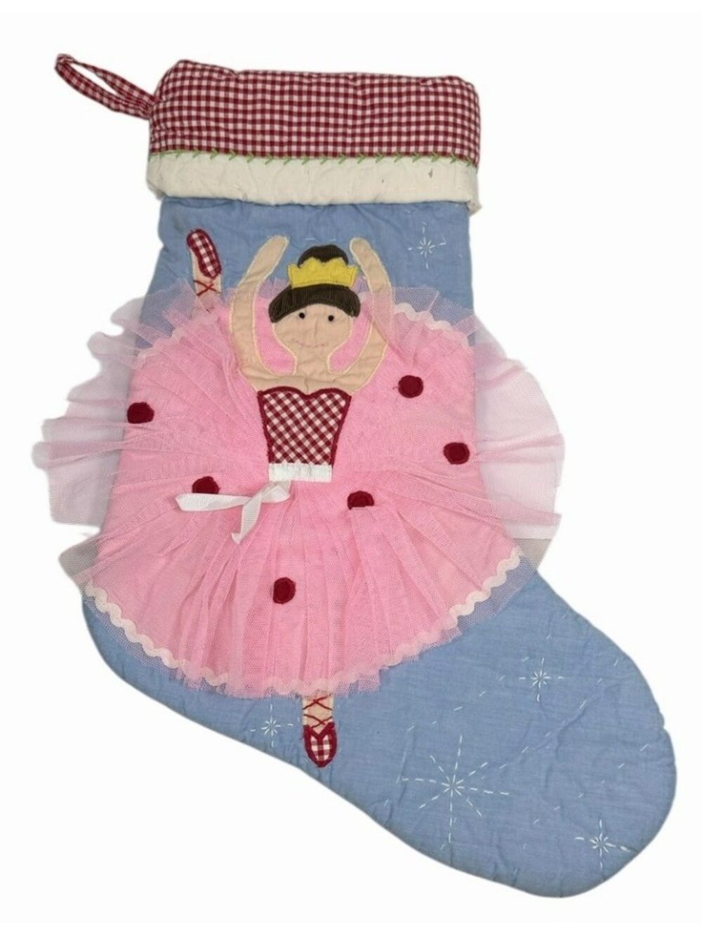 Pottery Barn Kids Blue Ballerina Stocking Red Gingham Embroidered 3-D Tutu READ